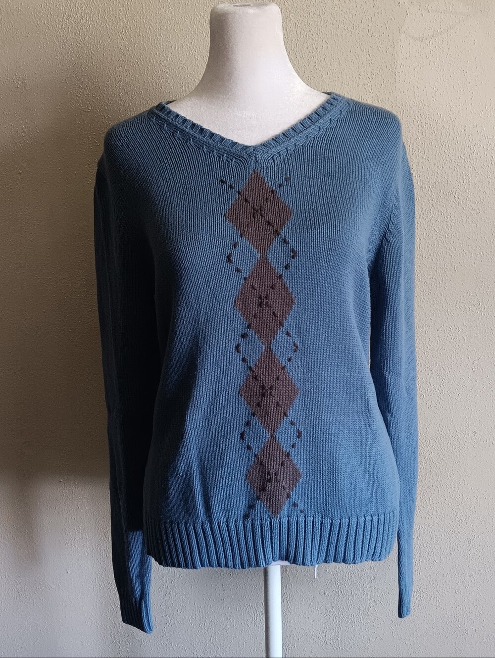 100% Cotton Academia Blue V-Neck Argyle Knit Sweater, Merona Womens Size Medium